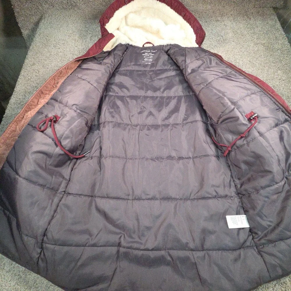 American Eagle Parka Coat Womens S Burgundy Long Faux Sherpa Fur Hood Utility